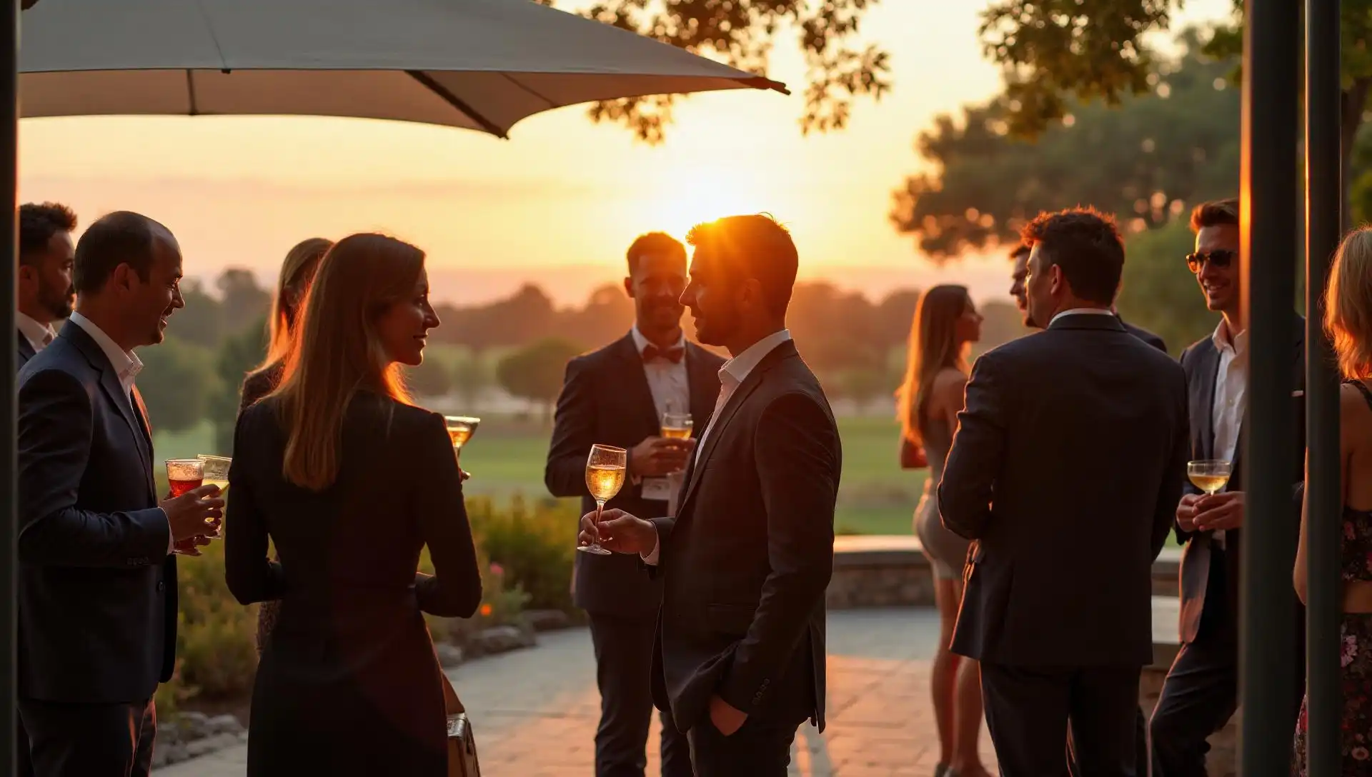 Executives connecting at an evening social gathering